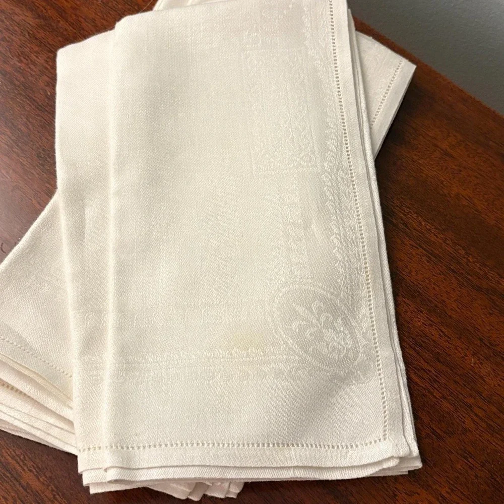 Vintage White Damask Napkins Hemstitched Fleur de Lis European Linen Set of 6